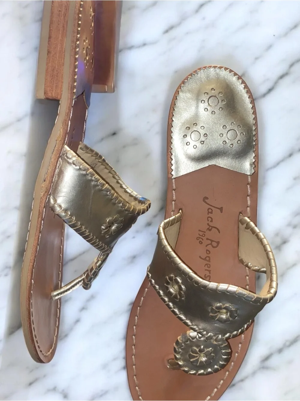 Classic Jack RogersJack Rogers Jacks Flat Sandals Platinum Gold Leather Size 10M
